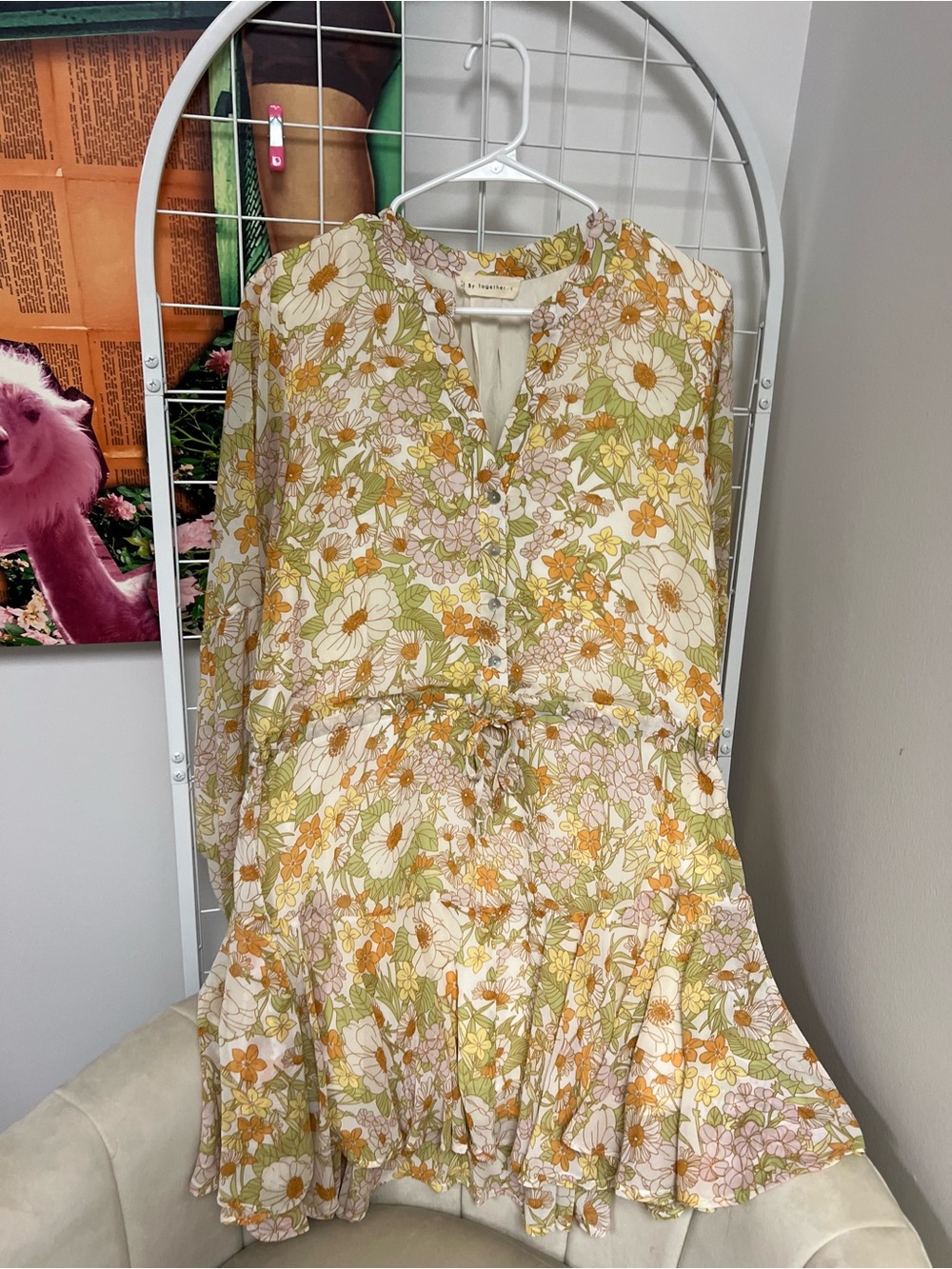 By Together Floral Tie-Waist Tiered Mini Dress — White, Green & Yellow